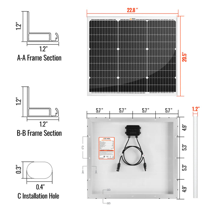 Rich Solar MEGA 50 | 50 Watt Solar Panel | Compact 12V Off-Grid Solar Panel for Boats, Vans, Trailers | 25-Year Output Warranty Dimensions