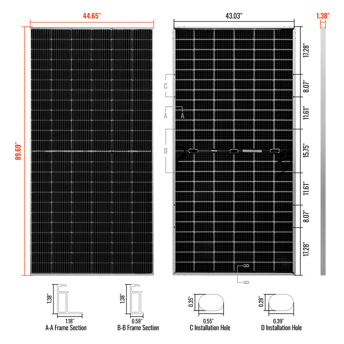 Rich Solar MEGA 550 | 12 Panels | 550 Watt Bifacial Solar Panel | Premium Grid-Tie or Off-Grid Solar Panel for Residential, Commercial, Agriculture | 25-Year Output Warranty Dimensions
