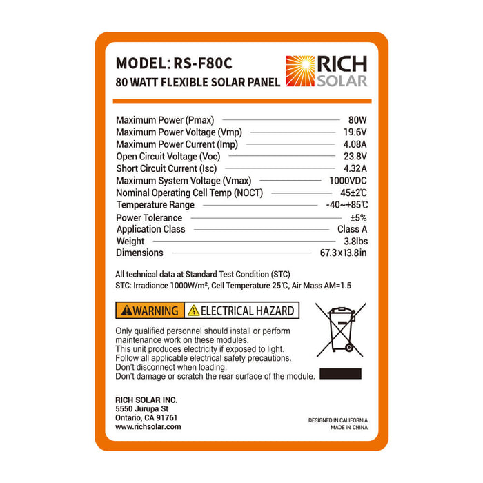 Rich Solar MEGA 80 FLEX | 80 Watt CIGS Flexible Solar Panel | Premium 12V Flexible Panel for Vans, RVs, Boats | High Efficiency Manual