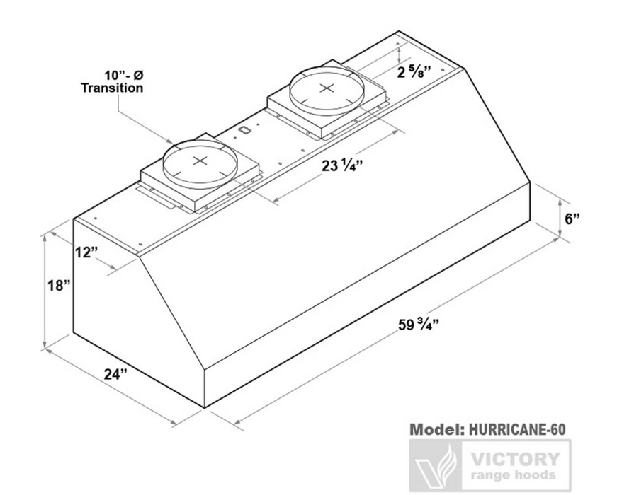 Victory Range Hood Hurricane 60 Inch 1200 CFM Under Cabinet Range Hood