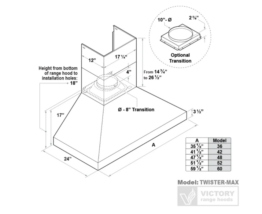 Victory Range Hood Twister MAX 48 Inch 1200 CFM Wall Mounted Range Hood