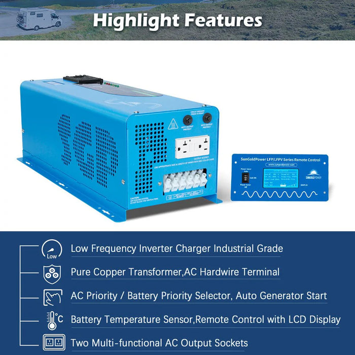 SunGoldPower 4000W DC 24V Split Phase Pure Sine Wave Inverter with Charger High Features