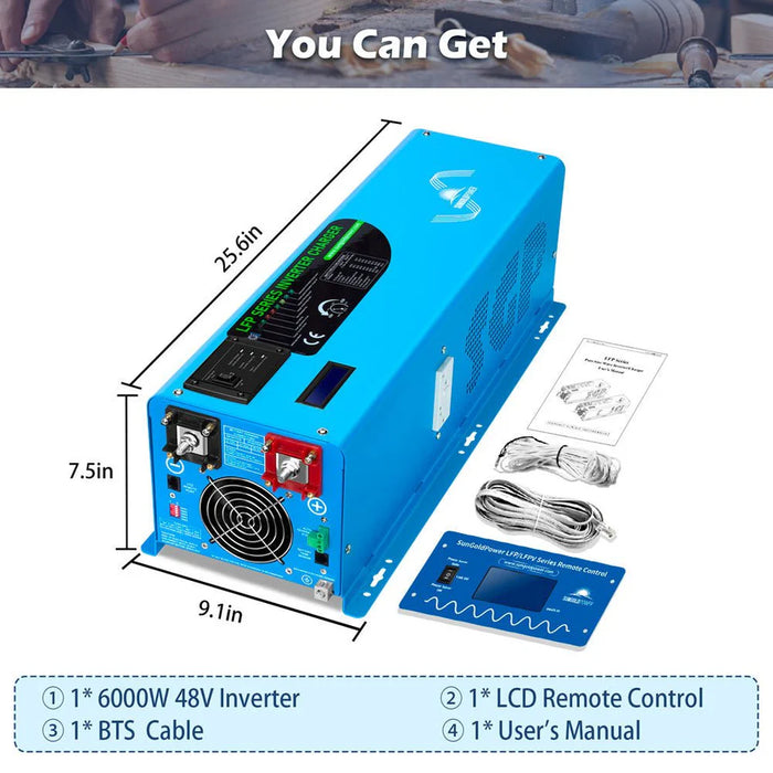 SunGoldPower 6000W DC 48V Split Phase Pure Sine Wave Inverter with Charger UL1741 Standard Dimensions