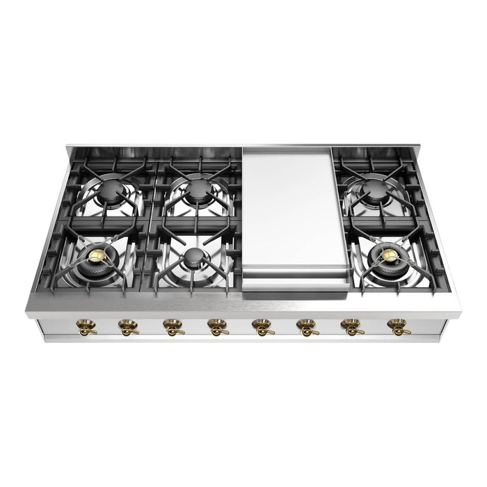 ILVE 48 Inch UHCP48FNSSGLP Nostalgie II Built-In Stainless Steel Liquid Propane Rangetop with 8 Burners and Griddle in Brass Trim