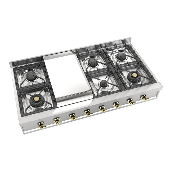 ILVE 48 Inch UHCP48FNSSGLP Nostalgie II Built-In Stainless Steel Liquid Propane Rangetop with 8 Burners and Griddle in Brass Trim