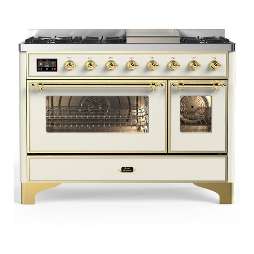 White and gold stove with multiple burners and oven on a white background