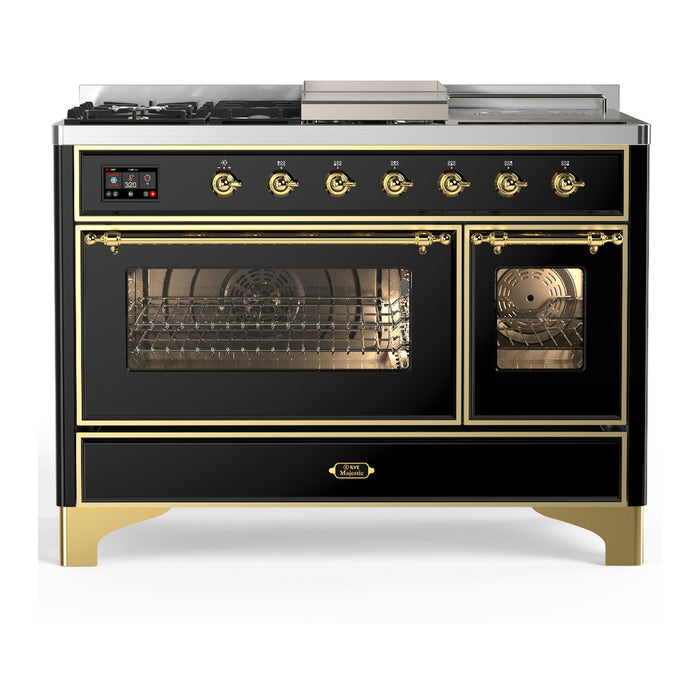 ILVE 48 Inch Majestic III Dual Fuel Range with 5 Sealed Burners, Griddle, French Top, Triple Glass Door with Brass Trim