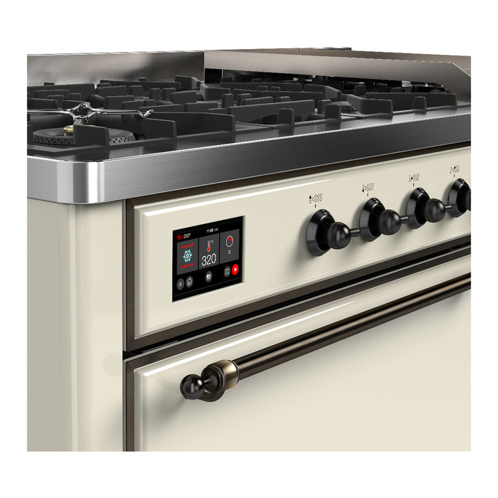 ILVE 60 Inch Majestic III Antique White Dual Fuel Range with 9 Black Brass Burners, Griddle and Dual Function Burner up to 25,000 BTU in Solid Door