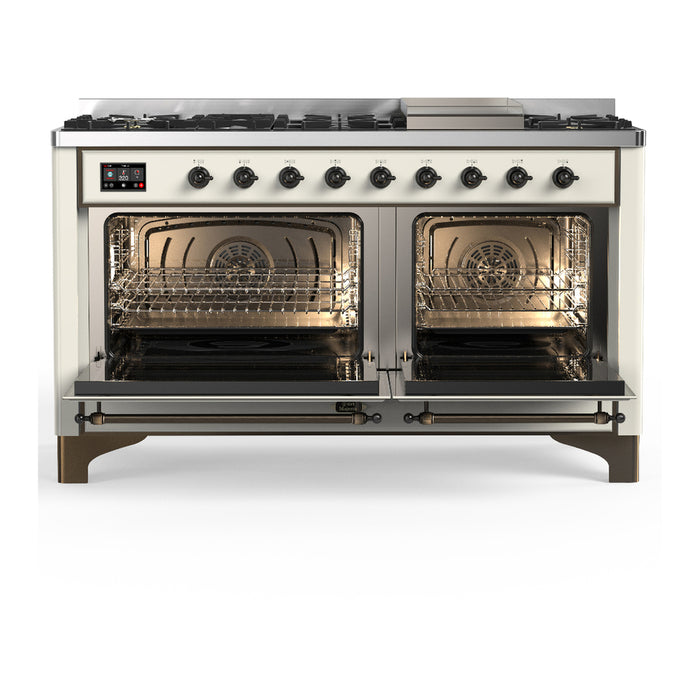 ILVE 60 Inch Majestic III Antique White Dual Fuel Range with 9 Black Brass Burners, Griddle and Dual Function Burner up to 25,000 BTU in Solid Door