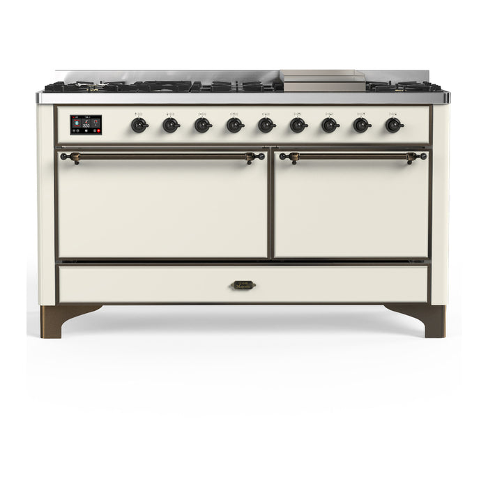 ILVE 60 Inch Majestic III Antique White Dual Fuel Range with 9 Black Brass Burners, Griddle and Dual Function Burner up to 25,000 BTU in Solid Door