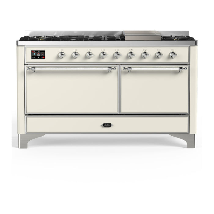 ILVE 60 Inch Majestic III Antique White Dual Fuel Range with 9 Black Brass Burners, Griddle and Dual Function Burner up to 25,000 BTU in Solid Door