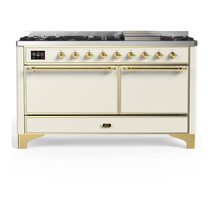ILVE 60 Inch Majestic III Antique White Dual Fuel Range with 9 Black Brass Burners, Griddle and Dual Function Burner up to 25,000 BTU in Solid Door