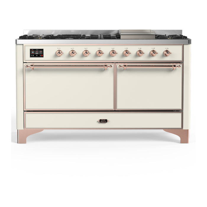 ILVE 60 Inch Majestic III Antique White Dual Fuel Range with 9 Black Brass Burners, Griddle and Dual Function Burner up to 25,000 BTU in Solid Door