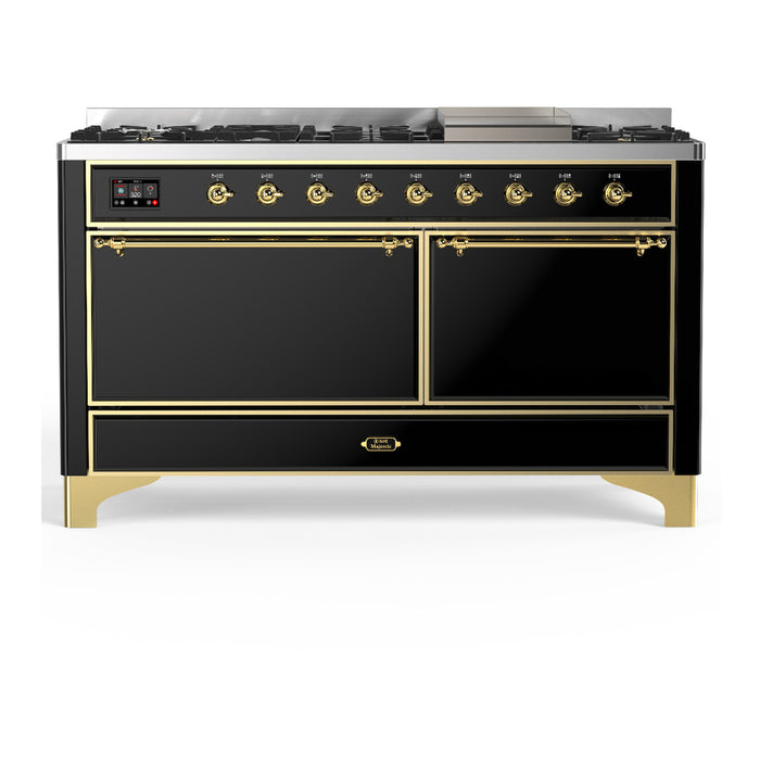 ILVE 60 Inch Majestic III Glossy Black Dual Fuel Range with 9 Black Brass Burners, Griddle and Dual Function Burner up to 25,000 BTU in Solid Door