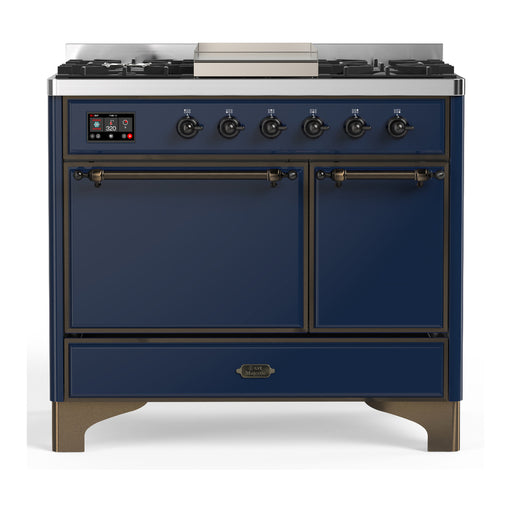 ILVE 40 Inch Majestic III Midnight Blue Dual Fuel Range with 6 Black Brass Burners, Griddle and Dual Function Burner up to 25,000 BTU in Solid Door Burnished