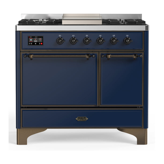 ILVE 40 Inch Majestic III Midnight Blue Dual Fuel Range with 6 Black Brass Burners, Griddle and Dual Function Burner up to 25,000 BTU in Solid Door Burnished