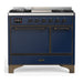 ILVE 40 Inch Majestic III Midnight Blue Dual Fuel Range with 6 Black Brass Burners, Griddle and Dual Function Burner up to 25,000 BTU in Solid Door Burnished