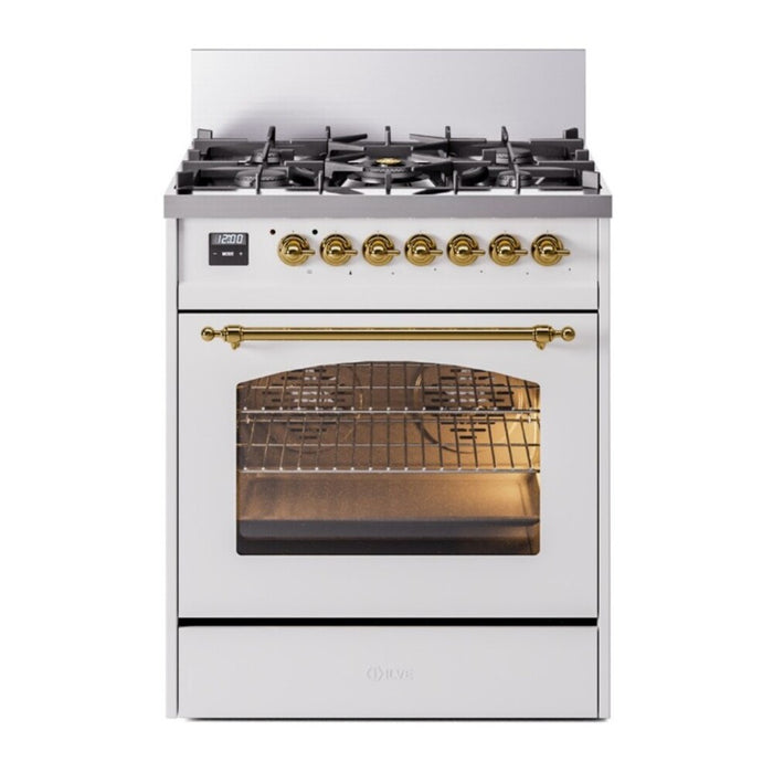 ILVE 30 Inch Nostalgie II Dual Fuel Range with 5 Sealed Burners, Triple Glass Door with Brass Trim