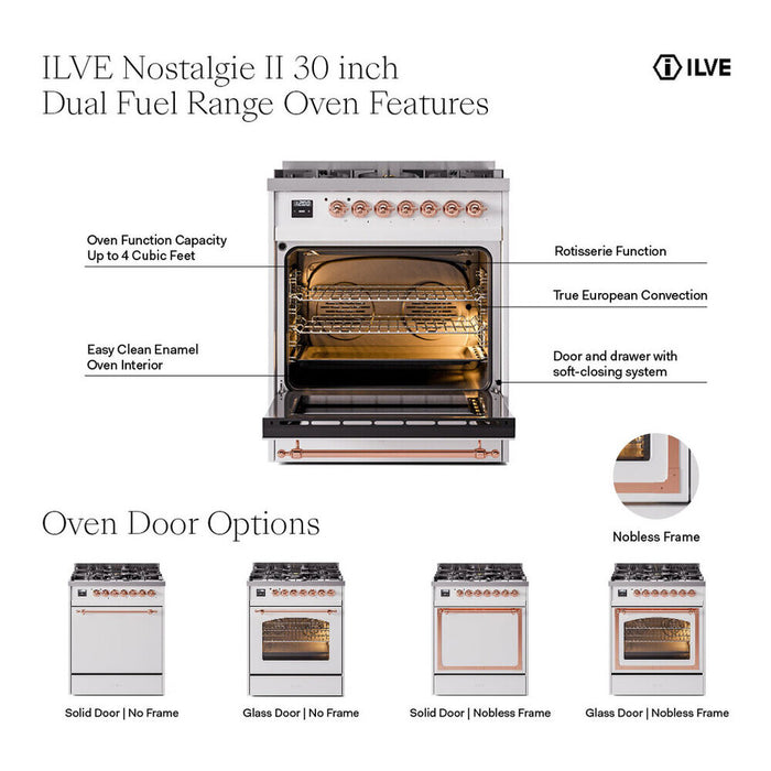 ILVE 30 Inch Nostalgie II Dual Fuel Range with 5 Sealed Burners, Triple Glass Door with Brass Trim