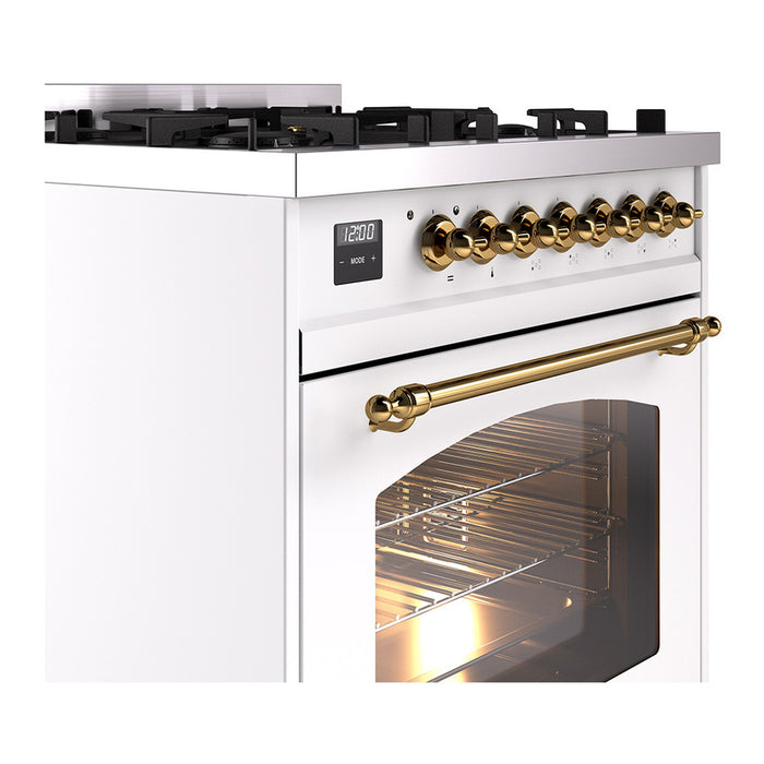 ILVE 30 Inch Nostalgie II Dual Fuel Range with 5 Sealed Burners, Triple Glass Door with Brass Trim