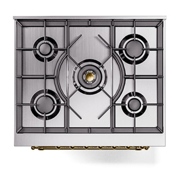 ILVE 30 Inch Nostalgie II Dual Fuel Range with 5 Sealed Burners, Triple Glass Door with Brass Trim