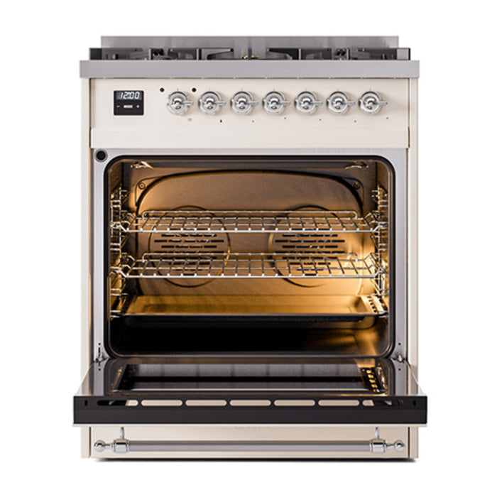 ILVE 30 Inch Nostalgie II Dual Fuel Range with 5 Sealed Burners, Solid Door with Chrome Trim