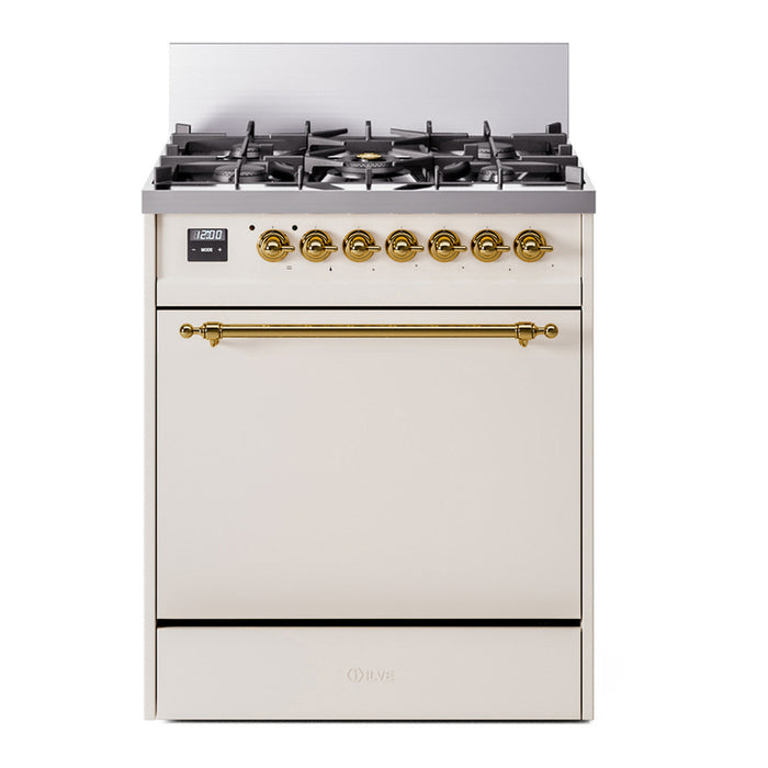 ILVE 30 Inch Nostalgie II Dual Fuel Range with 5 Sealed Burners, Solid Door with Brass Trim