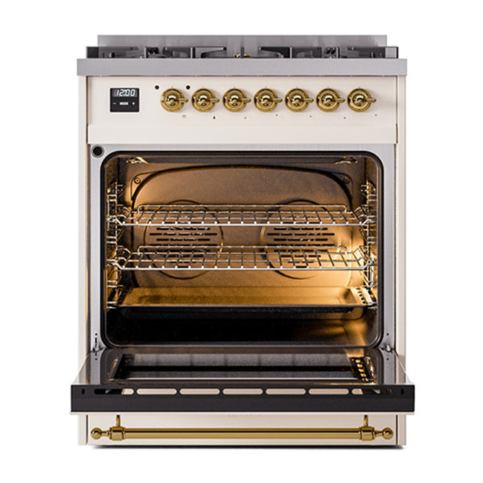 ILVE 30 Inch Nostalgie II Dual Fuel Range with 5 Sealed Burners, Solid Door with Brass Trim