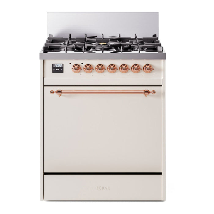 ILVE 30 Inch Nostalgie II Dual Fuel Range with 5 Sealed Burners, Solid Door with Copper Trim