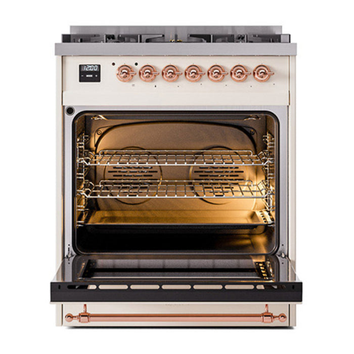 ILVE 30 Inch Nostalgie II Dual Fuel Range with 5 Sealed Burners, Solid Door with Copper Trim