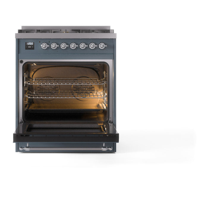 ILVE 30 Inch Nostalgie II Dual Fuel Range with 5 Sealed Burners, Solid Door with Chrome Trim