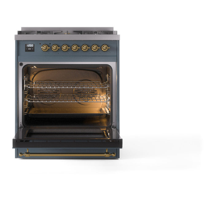 ILVE 30 Inch Nostalgie II Dual Fuel Range with 5 Sealed Burners, Solid Door with Brass Trim