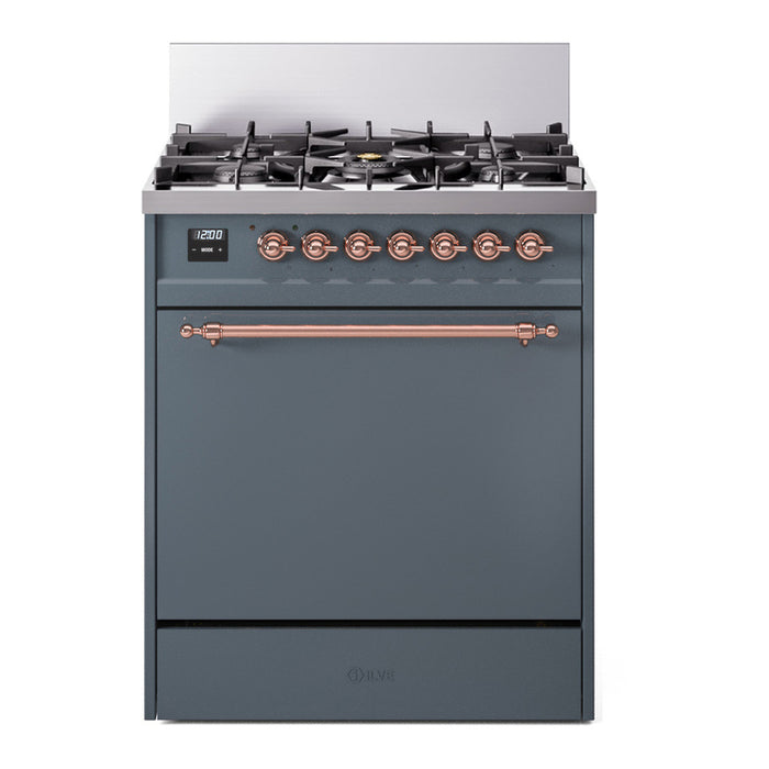 ILVE 30 Inch Nostalgie II Dual Fuel Range with 5 Sealed Burners, Solid Door with Copper Trim