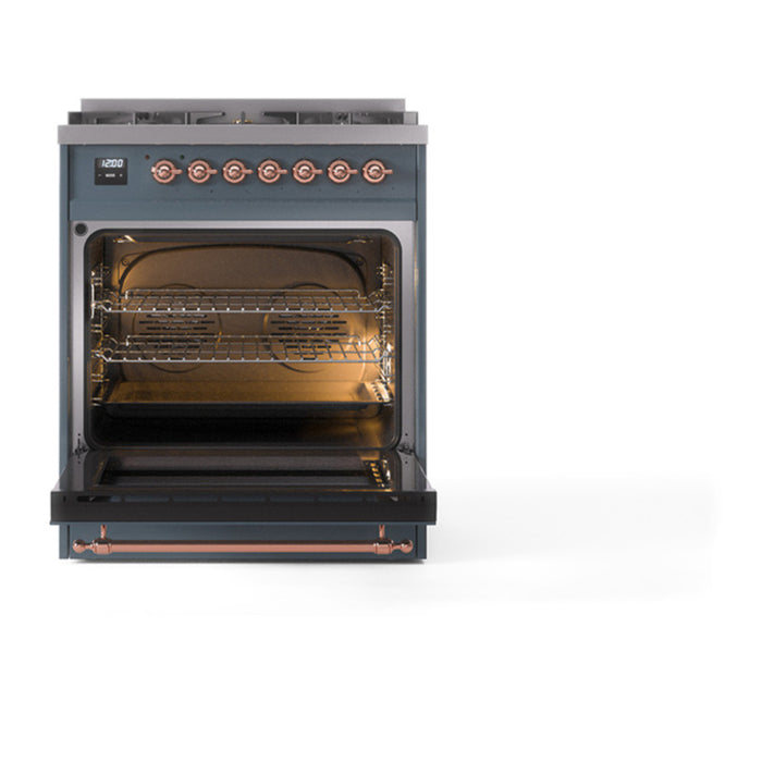ILVE 30 Inch Nostalgie II Dual Fuel Range with 5 Sealed Burners, Solid Door with Copper Trim
