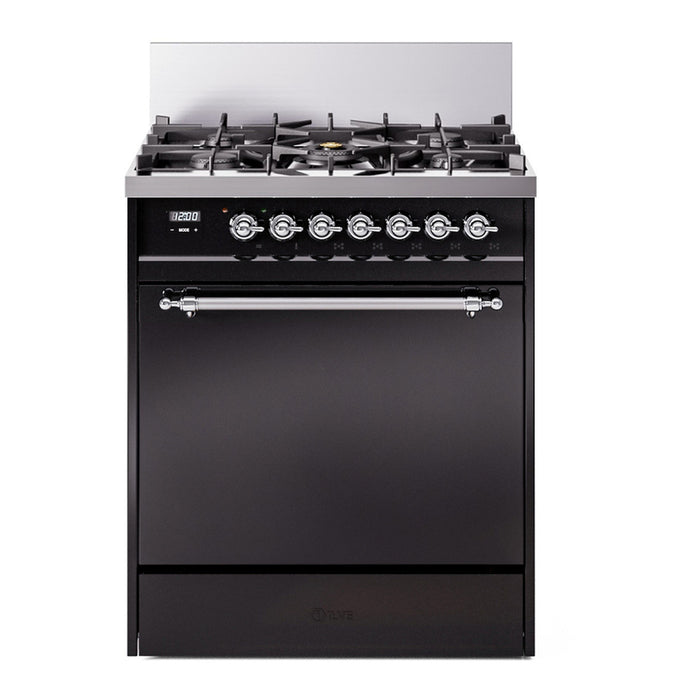 ILVE 30 Inch Nostalgie II Dual Fuel Range with 5 Sealed Burners, Solid Door with Chrome Trim