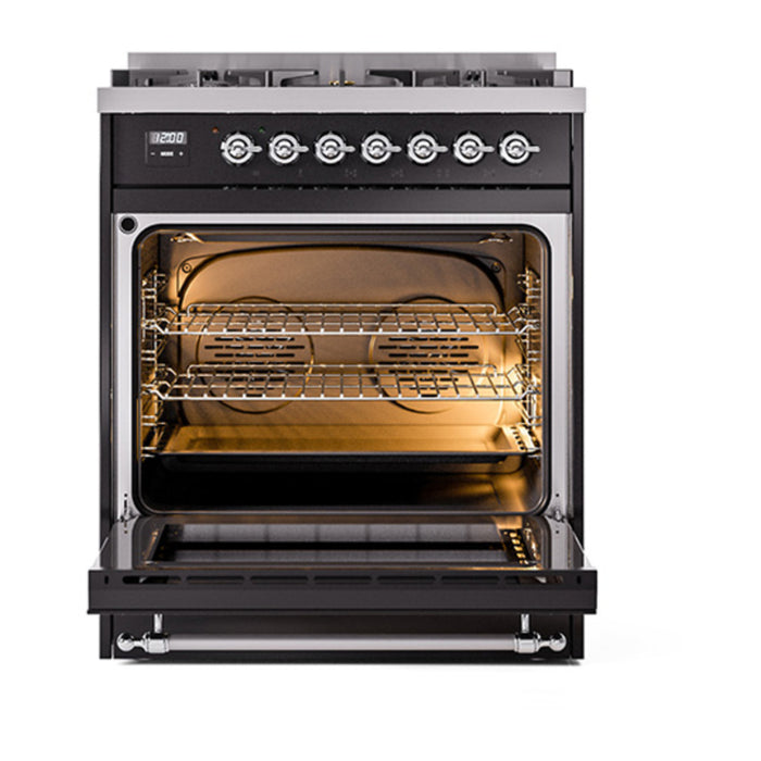 ILVE 30 Inch Nostalgie II Dual Fuel Range with 5 Sealed Burners, Solid Door with Chrome Trim