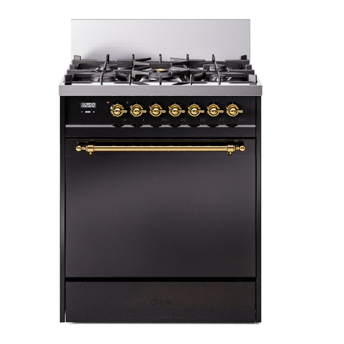 ILVE 30 Inch Nostalgie II Dual Fuel Range with 5 Sealed Burners, Solid Door with Brass Trim