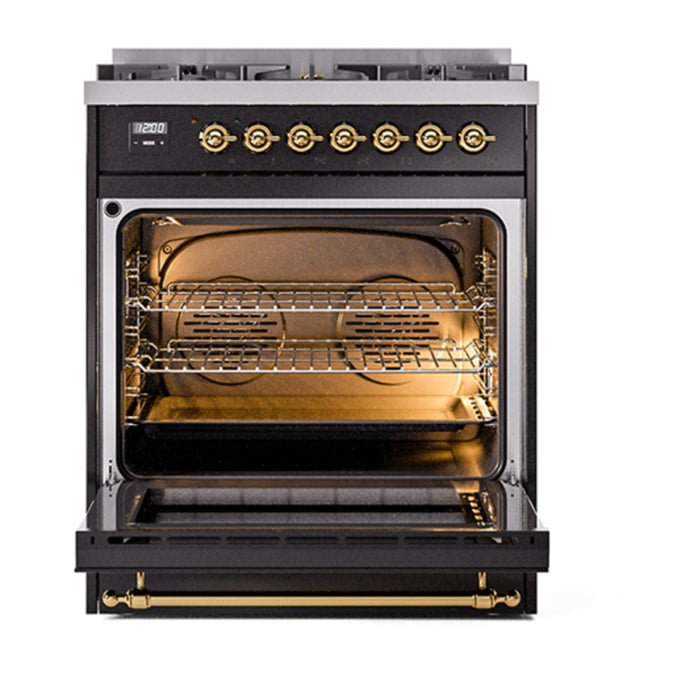 ILVE 30 Inch Nostalgie II Dual Fuel Range with 5 Sealed Burners, Solid Door with Brass Trim