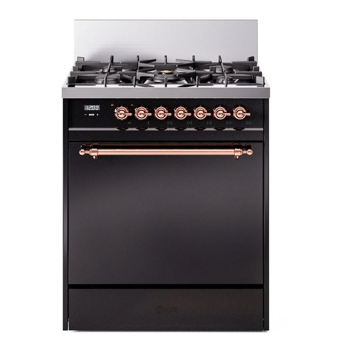 ILVE 30 Inch Professional Plus II Dual Fuel Range with 5 Sealed Burners, Solid Door with Stainless Steel Trim