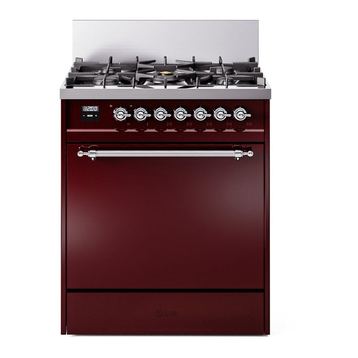 ILVE 30 Inch Nostalgie II Dual Fuel Range with 5 Sealed Burners, Solid Door with Chrome Trim