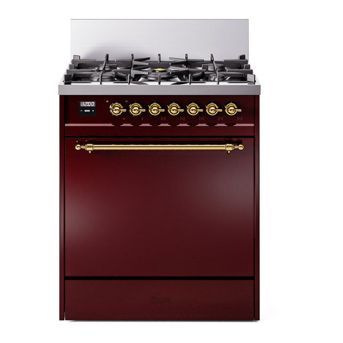 ILVE 30 Inch Nostalgie II Dual Fuel Range with 5 Sealed Burners, Solid Door with Brass Trim