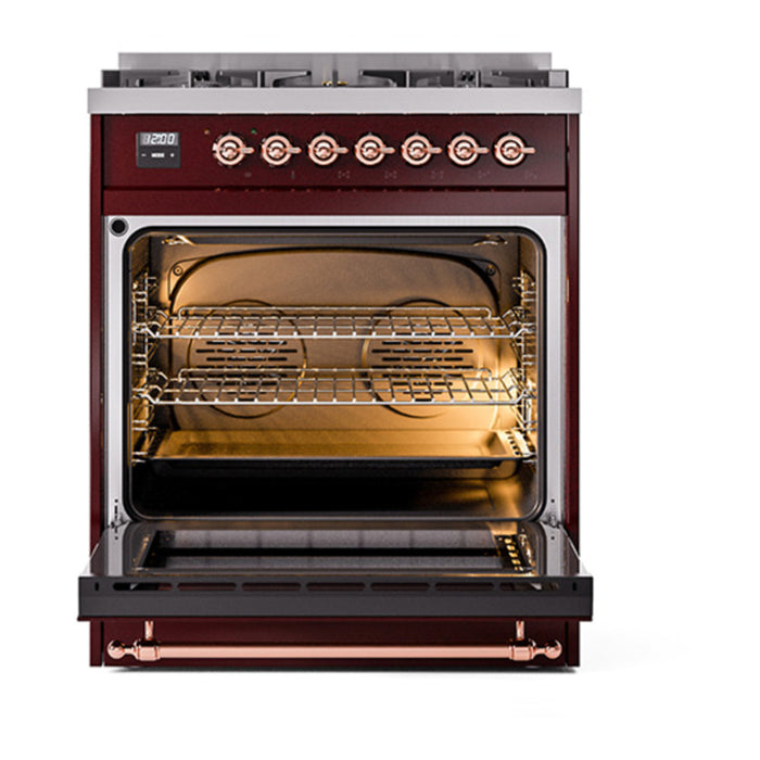 ILVE 30 Inch Nostalgie II Dual Fuel Range with 5 Sealed Burners, Solid Door with Copper Trim