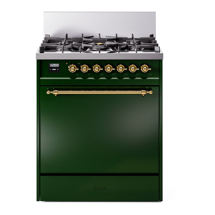 ILVE 30 Inch Nostalgie II Dual Fuel Range with 5 Sealed Burners, Solid Door with Brass Trim