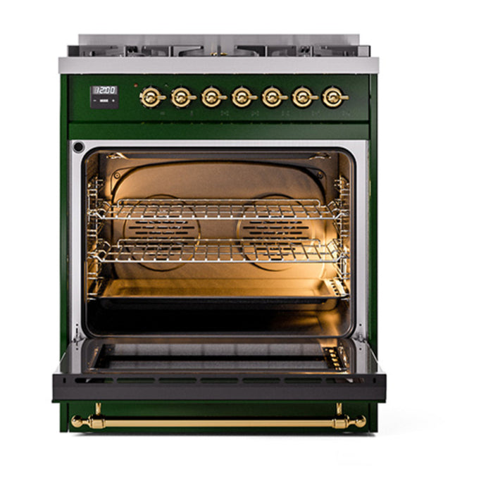 ILVE 30 Inch Nostalgie II Dual Fuel Range with 5 Sealed Burners, Solid Door with Brass Trim