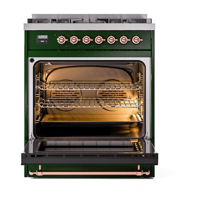 ILVE 30 Inch Nostalgie II Dual Fuel Range with 5 Sealed Burners, Solid Door with Copper Trim