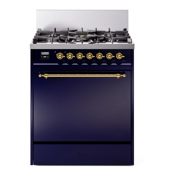 ILVE 30 Inch Nostalgie II Dual Fuel Range with 5 Sealed Burners, Solid Door with Brass Trim
