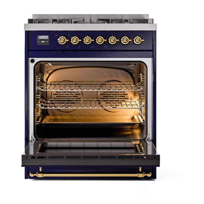 ILVE 30 Inch Nostalgie II Dual Fuel Range with 5 Sealed Burners, Solid Door with Brass Trim