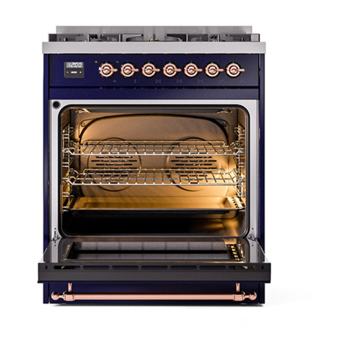 ILVE 30 Inch Nostalgie II Dual Fuel Range with 5 Sealed Burners, Solid Door with Copper Trim