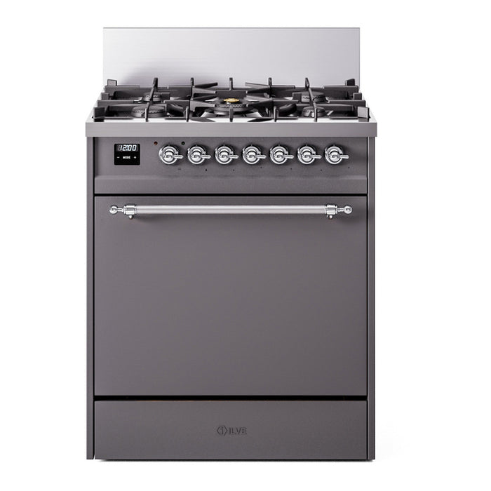 ILVE 30 Inch Nostalgie II Dual Fuel Range with 5 Sealed Burners, Solid Door with Chrome Trim