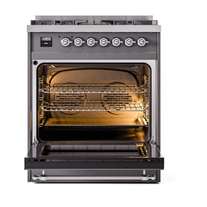 ILVE 30 Inch Nostalgie II Dual Fuel Range with 5 Sealed Burners, Solid Door with Chrome Trim